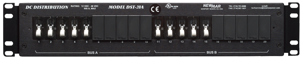 Circuit Breaker Rackmount DC Distribution Panels, 12V, 24V, and 48V DC, models DST-10 and DST-20A,by Newmar Powering the Network