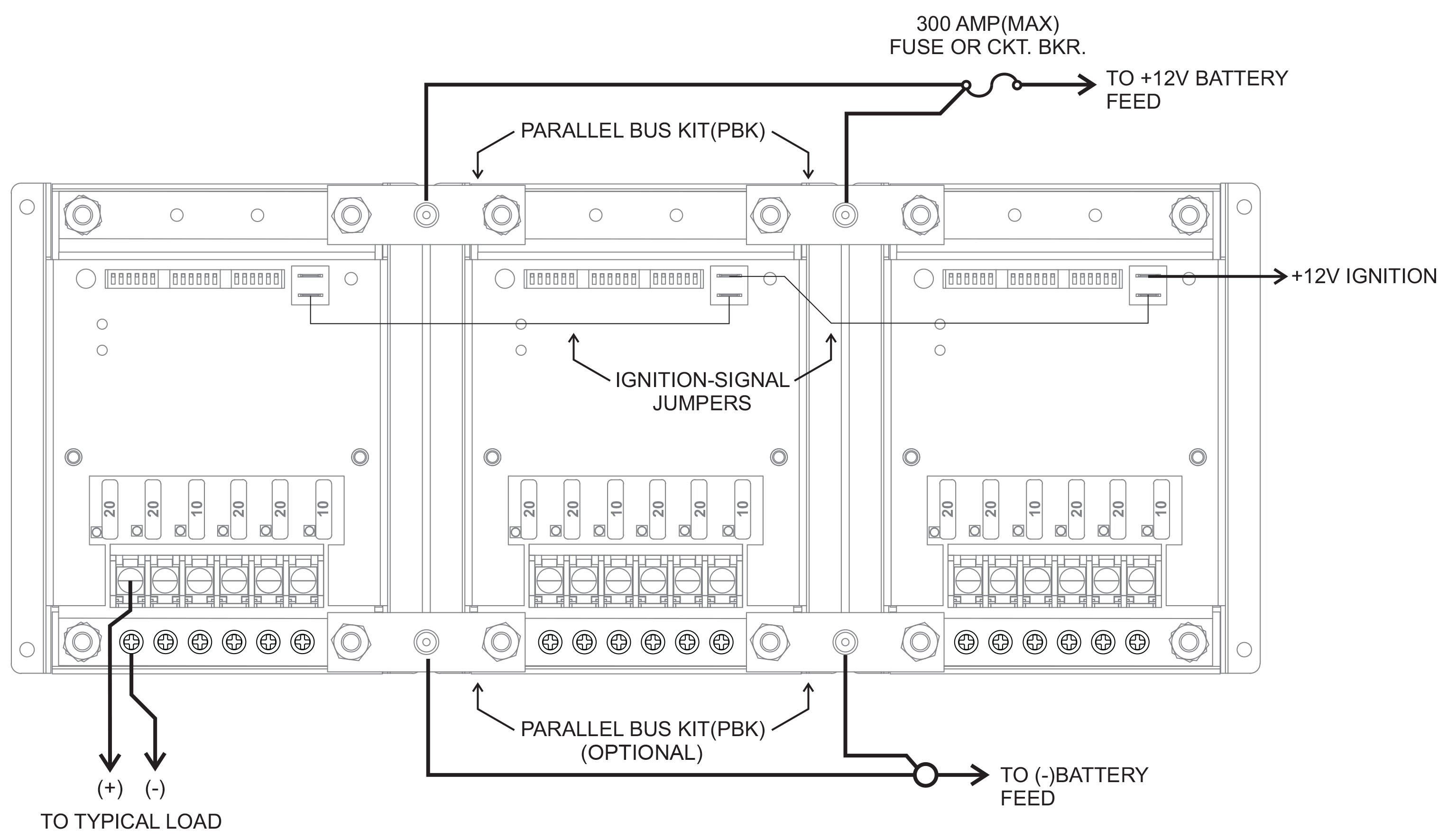 Newmar Powering the Mobile Network with the Multi Timer and Fuse Distribution System, model MT-FD 6, Expanded System Example: 3 x MT-FD 6, 18 Circuits