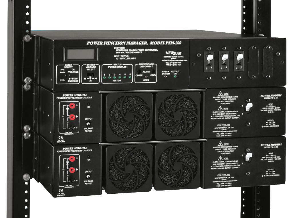 Rack Mount Power Module Series, 12V DC, 24V DC and 48V DC with Power Function Manager, model PFM-500, integrated DC Power System image by Newmar Powering the Network