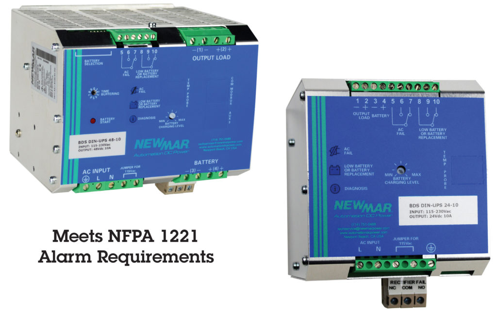 DIN Rail Mounted DC UPS, Power Supply, and Battery Detection System, 12V DC, 24V DC and 48V DC, 10 amps, meets NFPA 1221 in-building standards by Newmar Powering the Network