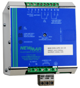 DIN Rail Mount Power Supply, DC UPS and Battery Detection System for NFPA 1221 in-building requirements, 12V DC, 24V DC and 48V DC, 10 amps by Newmar Powering the Network