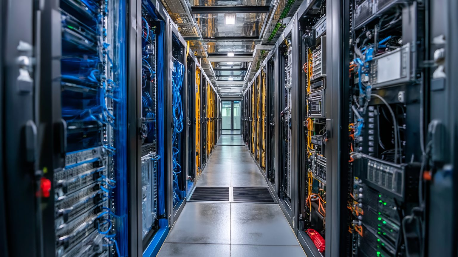 Modern data center interior with server racks and network equipment in ...